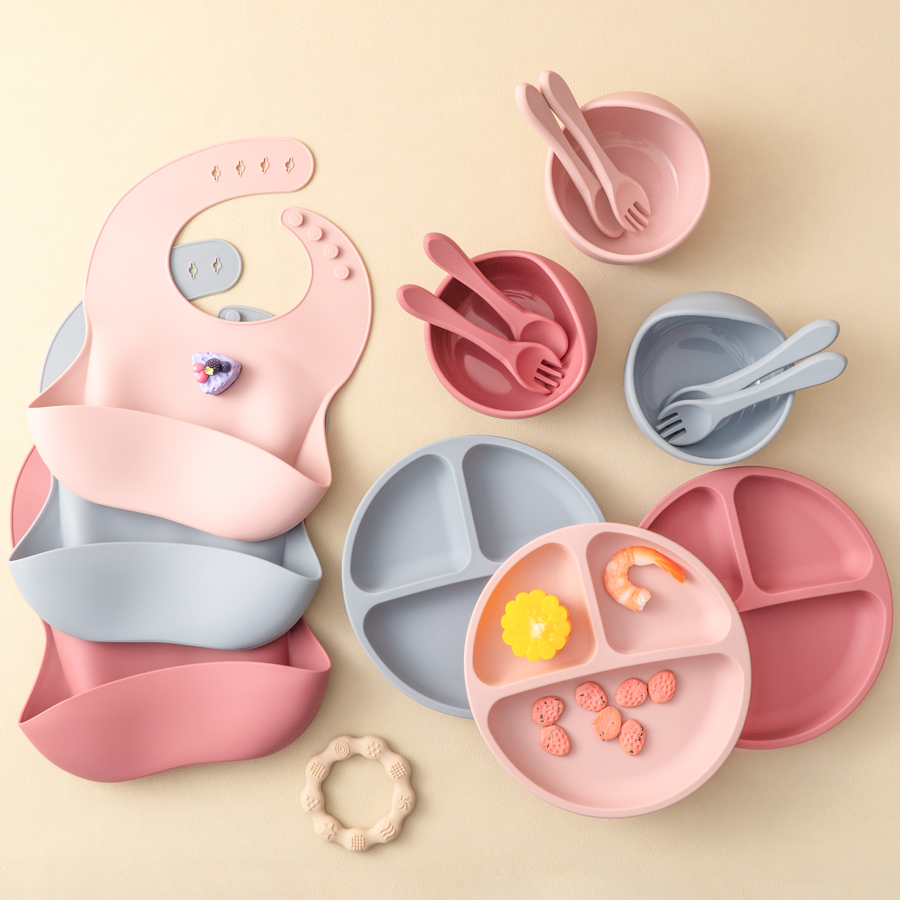 Silicone Baby Bibs - 5Pcs Baby Silicone Feeding Set Round